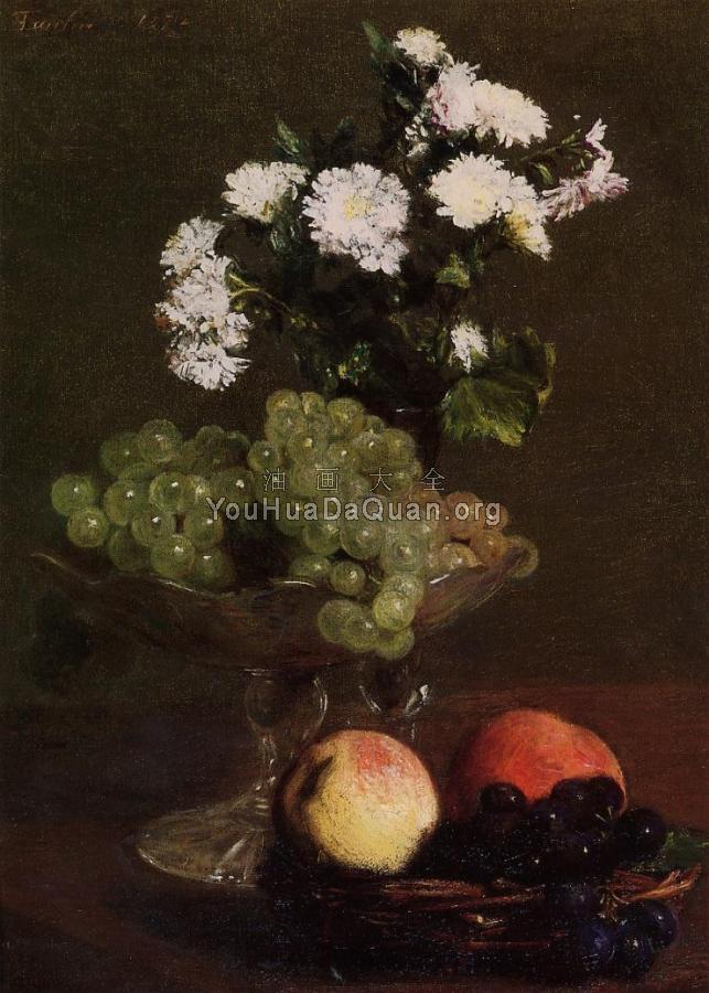 Still Life Chrysanthemums and Grapes - 亨利·方丹·拉图尔